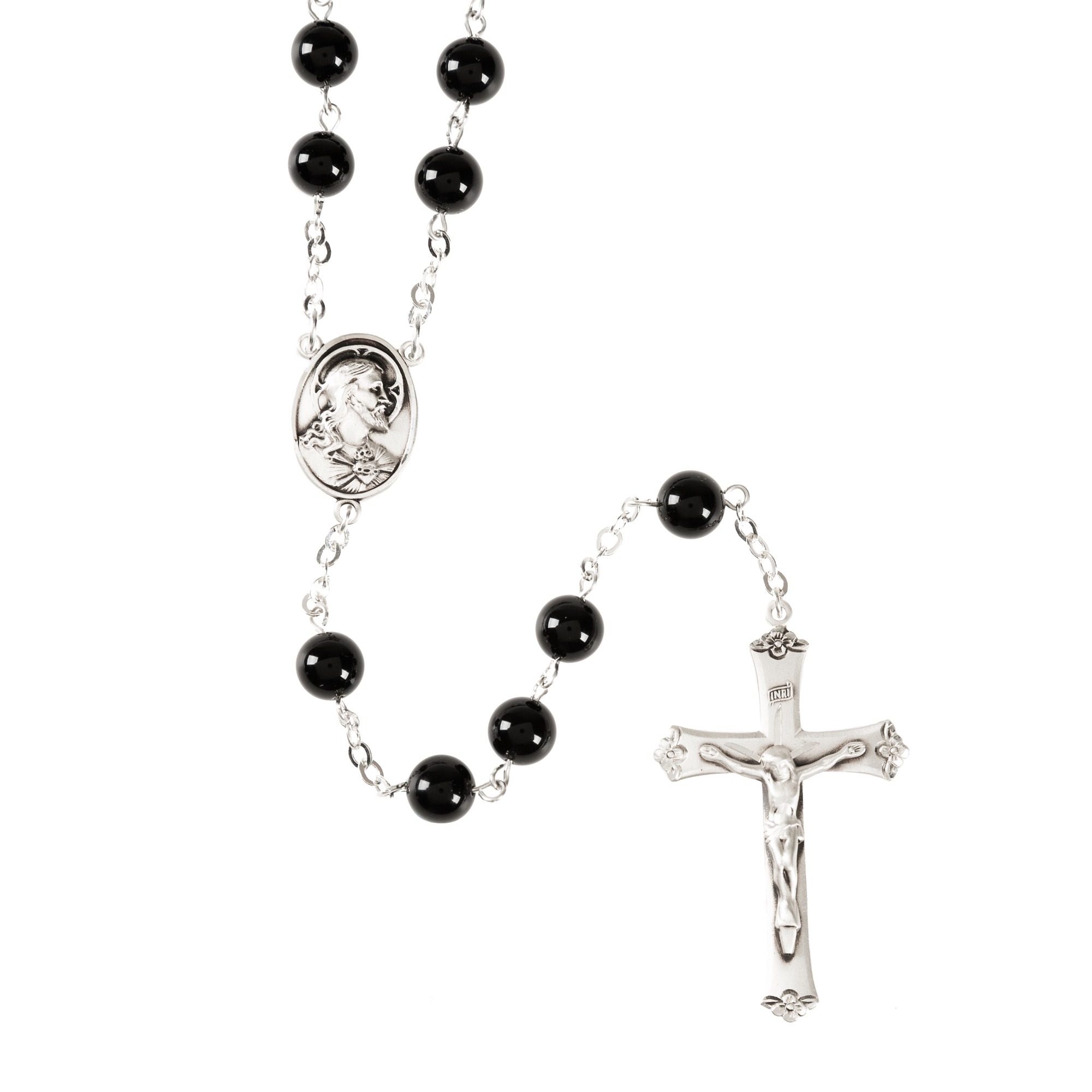 Onyx and Sterling Silver Sacred Heart Rosary with Floral Crucifix ...