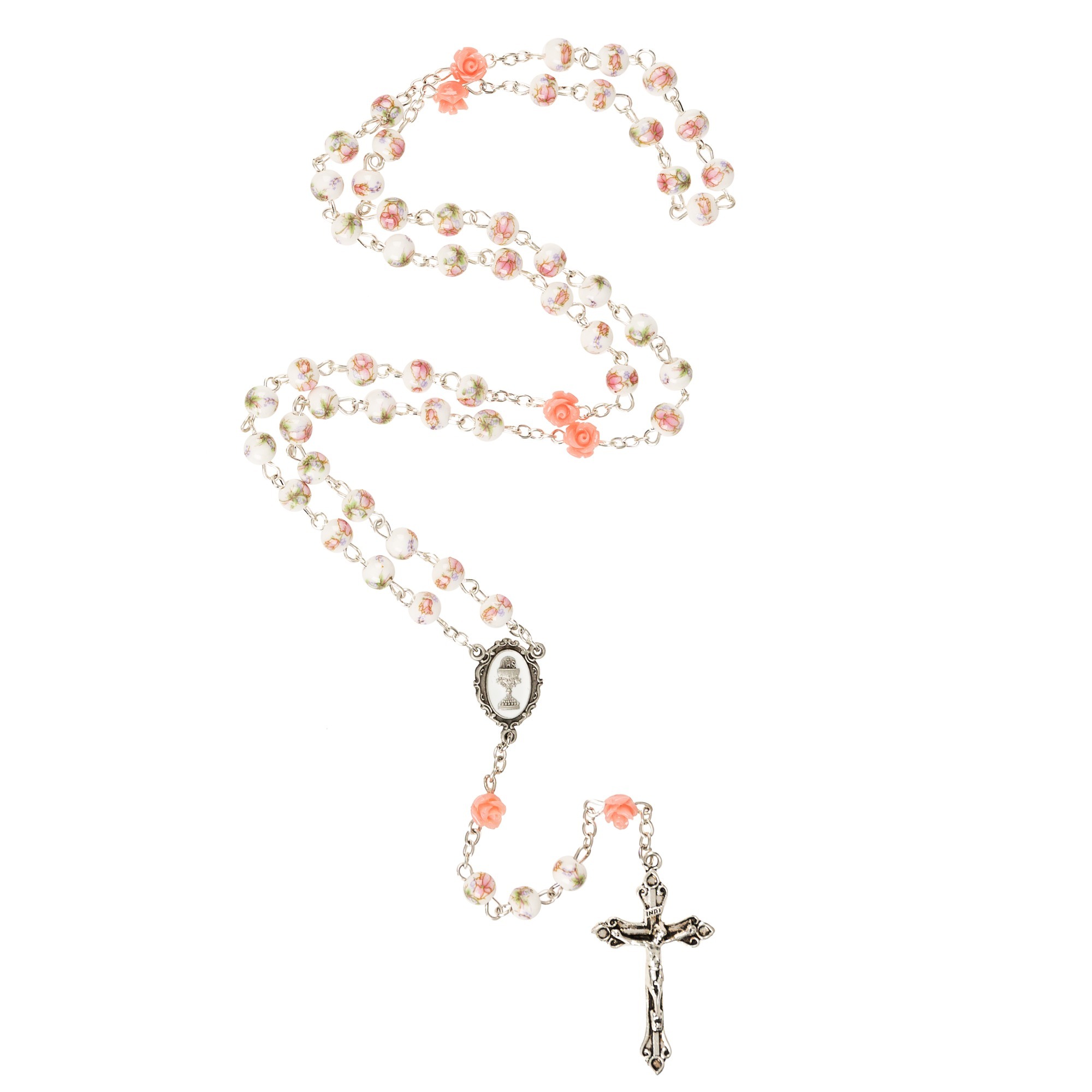 Ceramic Rose First Communion Rosary 