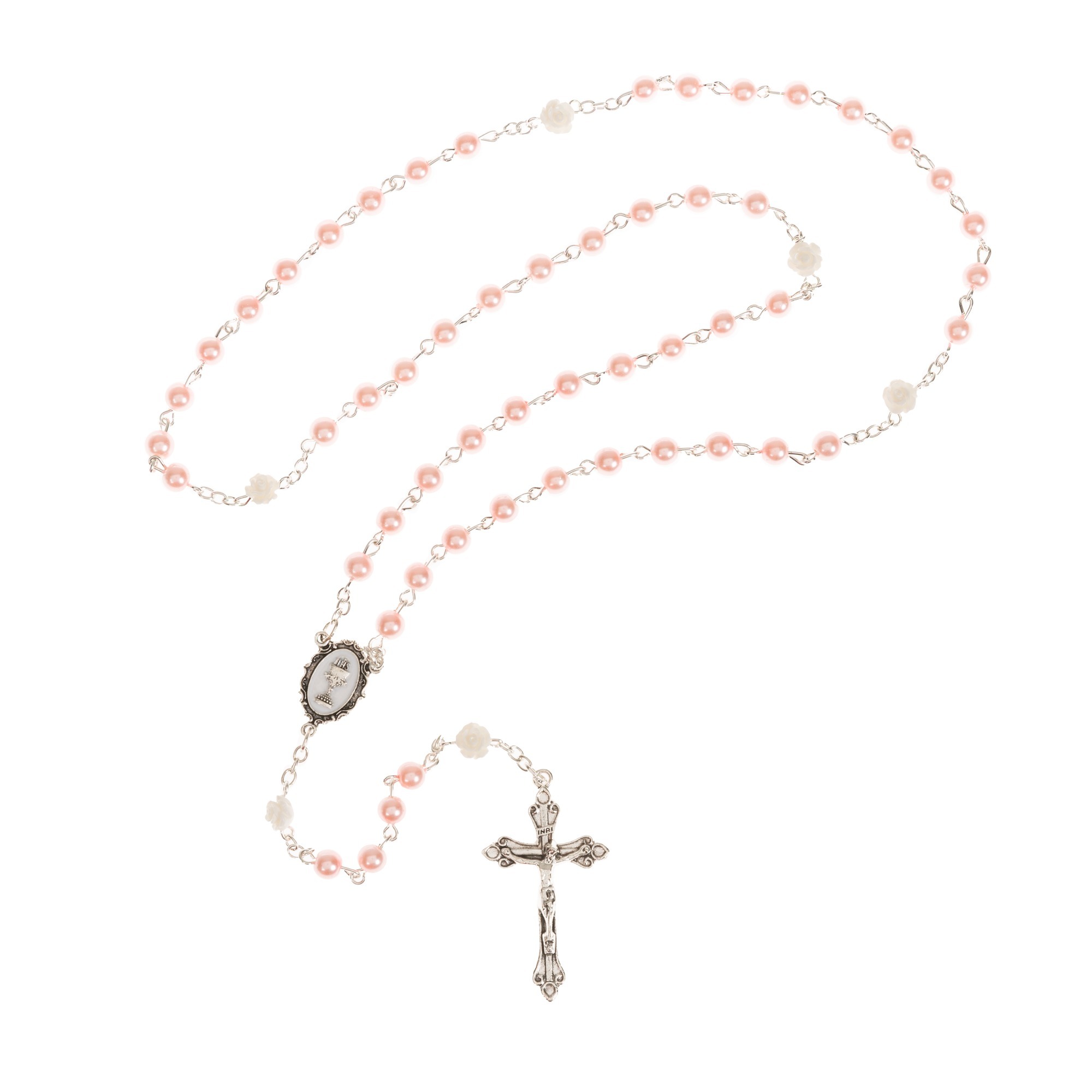 Pink Communion Rosary with White Roses | Rosary.com™