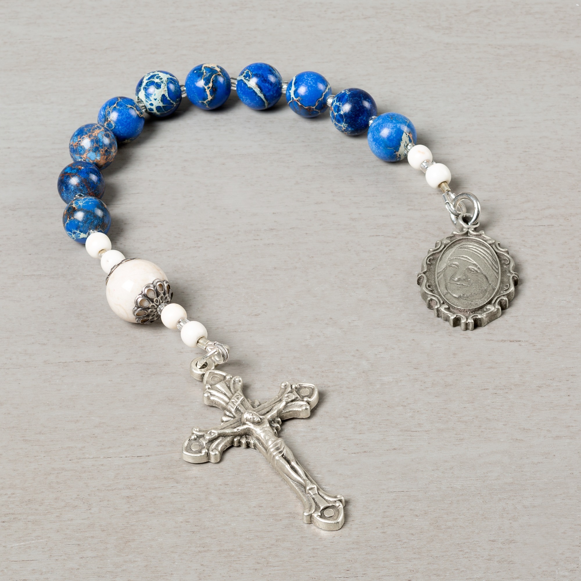 May Birth Month Bead Rosary Bracelet with Patron Saint Petite Charm 7 1/2 Inch 