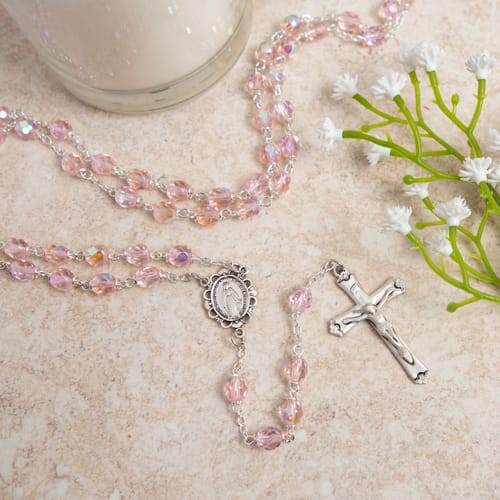 Bohemian Glass Birthstone Rosary — Rose / October
