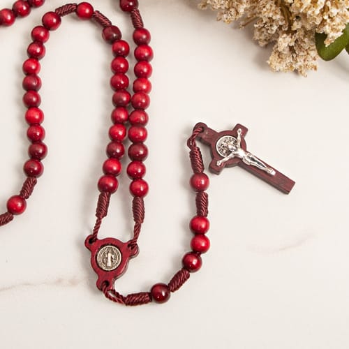 St. Benedict Mahogany Red Wood Bead Rosary