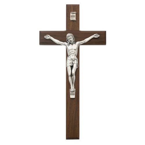 Beveled Walnut/Silver Crucifix - 10 inch