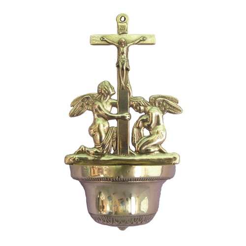 Crucifixion with Angels Holy Water Font - Shiny Brass