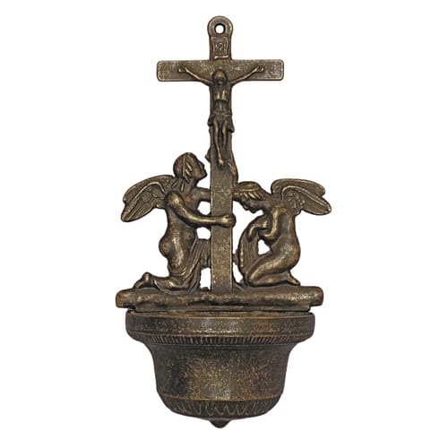 Crucifixion angel font in burnished brass, 12&amp;frac14;&amp;rdquo;