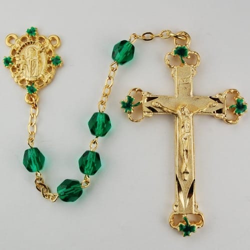 Green Glass Irish Rosary w/Enameled GP Pewter Crucifix