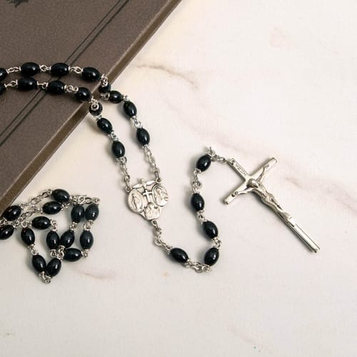 Sterling Silver Black Glass Bead Rosary