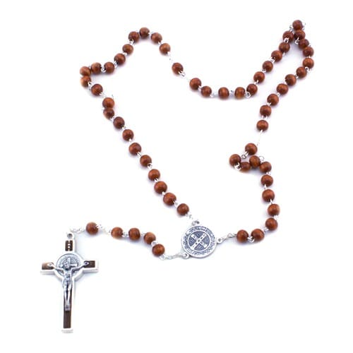 Saint Benedict Brown Wood Bead Rosary