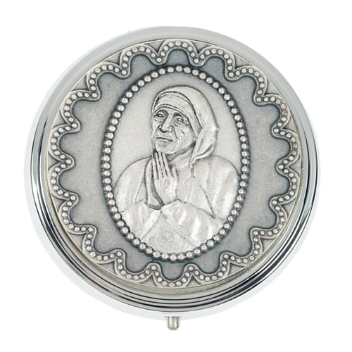 Mother Teresa Embossed Metal Rosary Box