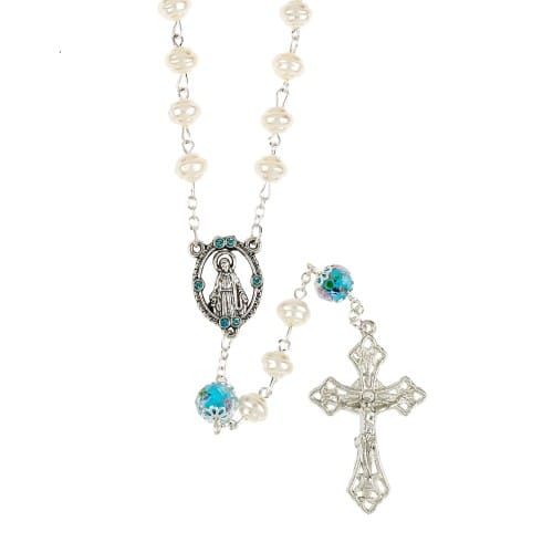 Pearl &amp; Aqua Oblong Bead Rosary