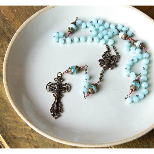 Handcrafted Blue Glass & Bronze Italian Rosary