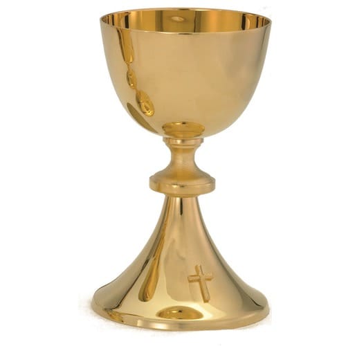 Simple Gold Plated Cross Chalice w/ Scale Paten Set