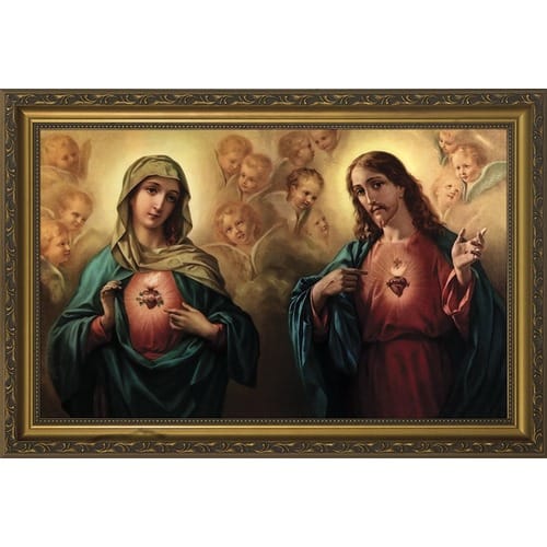 Sacred &amp; Immaculate Hearts Surrounded by Angels in Gold Frame