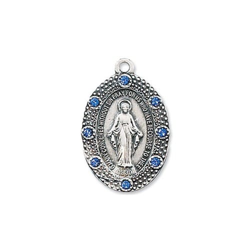 Sterling Silver Miraculous Medal w/Blue Crystal Stones and 18 inch Chain