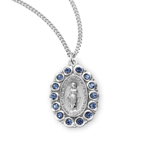 Sterling Silver Oval Miraculous Medal w/ Light Sapphire
