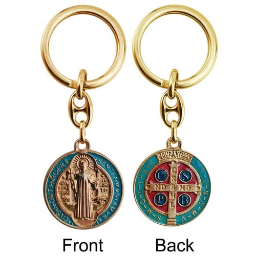 Gilt Gold and Aqua Enameled St. Benedict Medal Key Chain