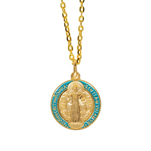 St. Benedict Gilt Gold and Aqua Medal with chain