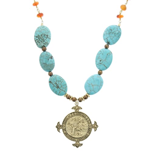 Antique Rosary Medal Turquoise Bead Necklace