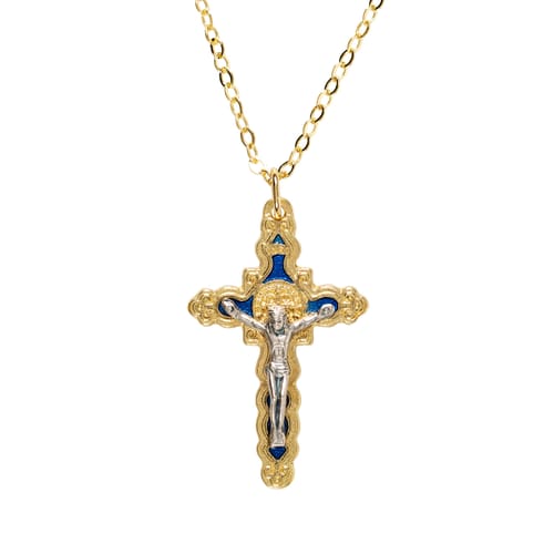Two Tone St. Benedict Turquoise Crucifix Necklace