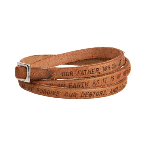 Tan Our Father Leather Wrap Bracelet