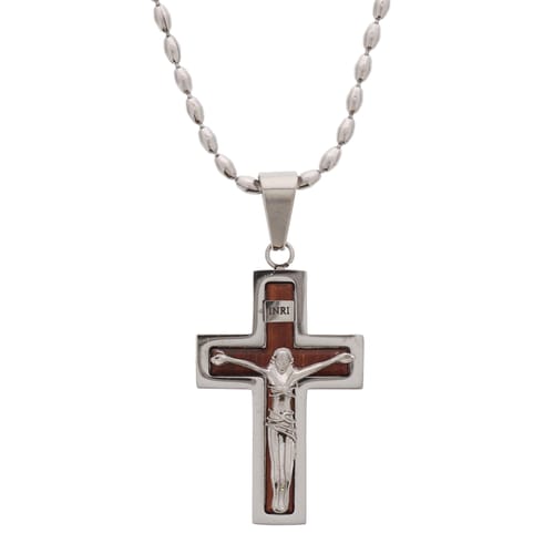 Wood & Stainless Steel Crucifix Necklace