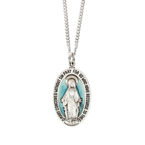 Sterling w/ Blue Epoxy Miraculous Medal Necklace