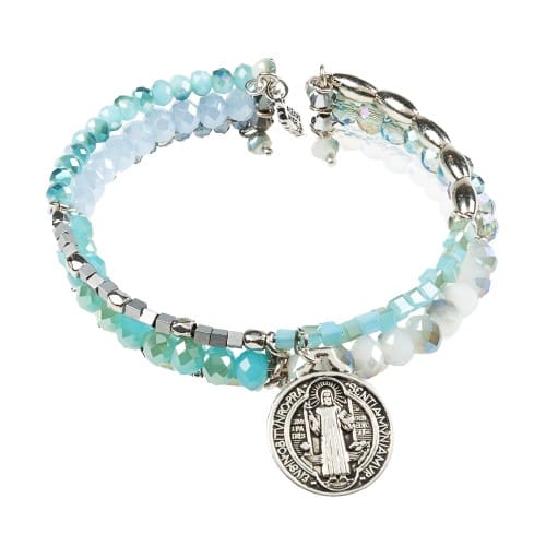 Beaded St. Benedict Three Strand Cuff Bracelet - Blue