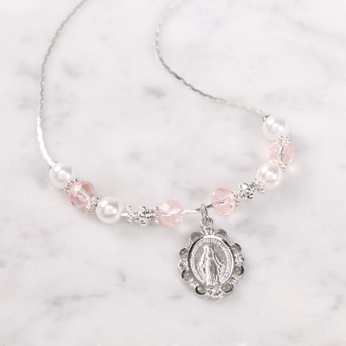 Pearl & Pink Crystal Miraculous Medal Necklace