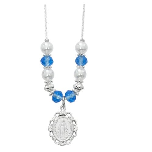 Pearl & Blue Crystal Miraculous Medal Necklace