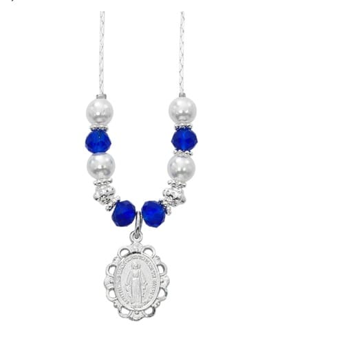 Pearl & Sapphire Crystal Miraculous Medal Necklace