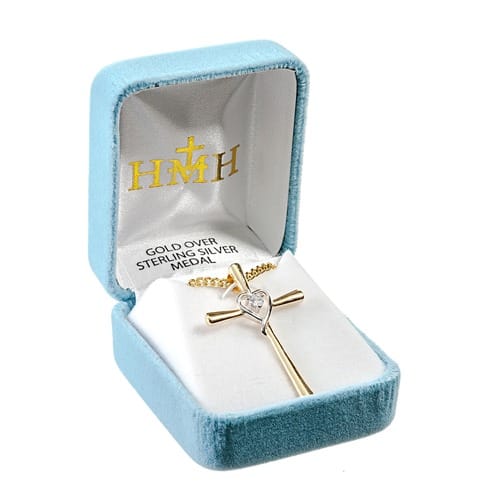 Gold Plated Two Tone CZ Heart Cross
