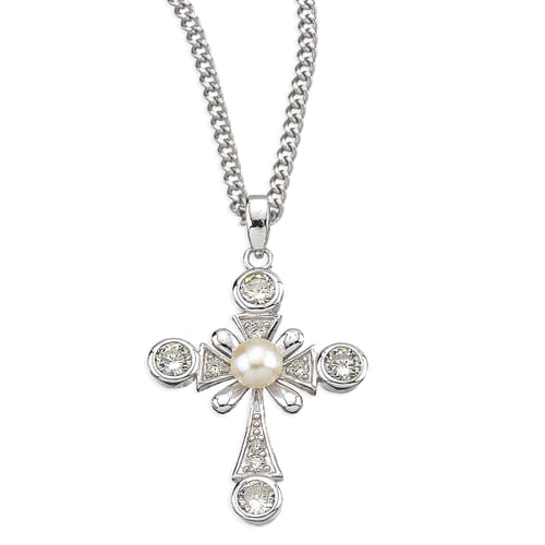 Freshwater Pearl &amp; Cubic Zirconia Cross Necklace