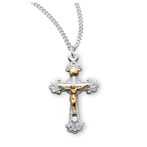 Two Tone Scalloped Sterling Silver Crucifix Necklace