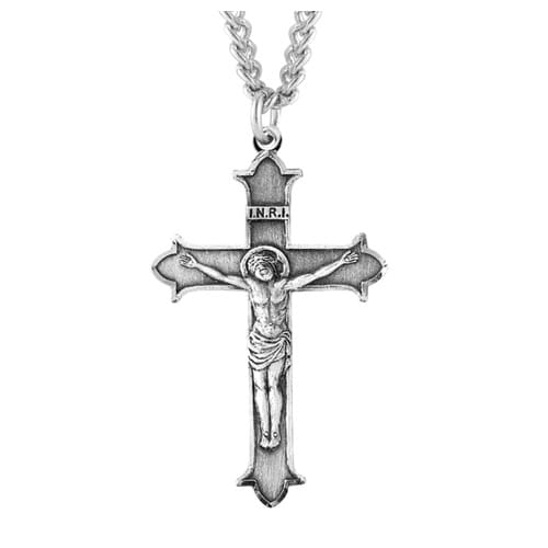 Large Fleur-de-lis Edge Sterling Crucifix Necklace