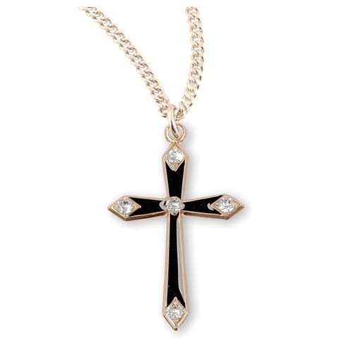 Gold Plated Black Enameled CZ Cross Necklace