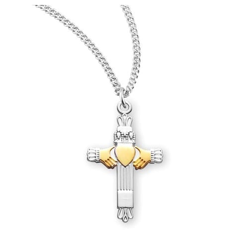 Two Tone Sterling Claddagh Cross Necklace