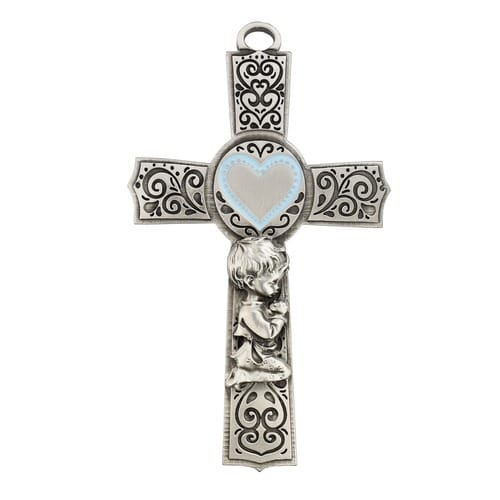 Praying Boy Pewter Cross with Blue Heart