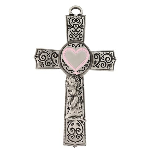 Praying Girl Pewter Cross with Pink Heart