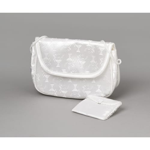 White Damask First Communion Purse and Rosary Case Set