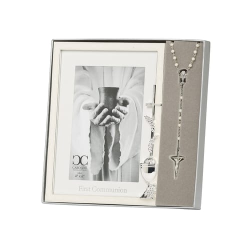 Pearlized First Communion Frame and Rosary Set