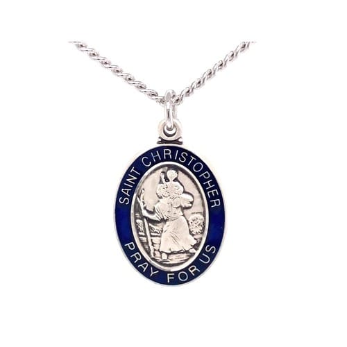 Sterling and Blue St. Christopher Medal Necklace