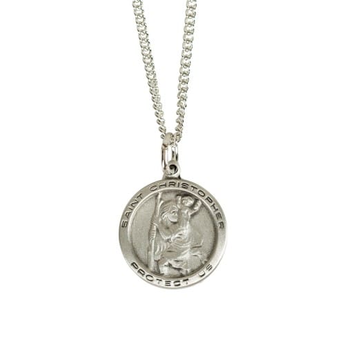 Pewter St. Christopher Protect Us Round Medal on Chain