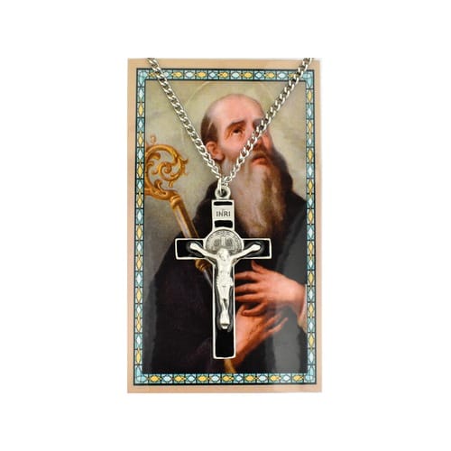 Pewter and Black St. Benedict Cruifix Necklace on Holy Card