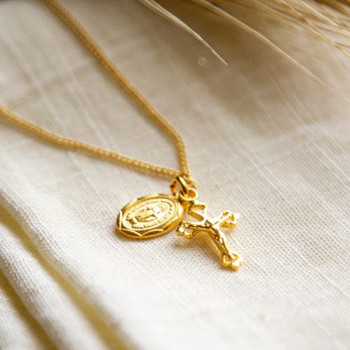 Gold Plated Petite Miraculous Medal &amp; Crucifix Necklace
