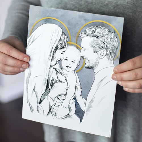 Unframed Holy Family Pen &amp; Ink Portrait - 8&quot; x 10&quot;
