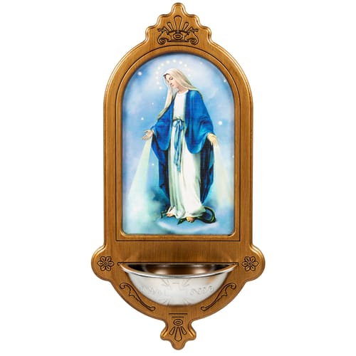 Light Wood Our Lady of Grace Holy Water Font - 15&quot;