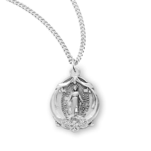 Sterling Ribbon &amp; Rosette Miraculous Medal Necklace