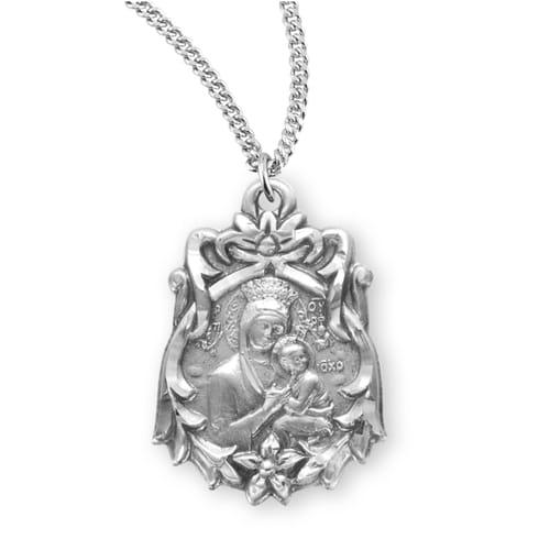 Sterling Ribbon &amp; Rose Our Lady of Perpetual Help Medal Necklace