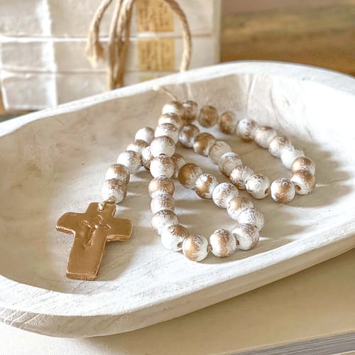 Large Strand White &amp; Gold Leaf Blessing Beads