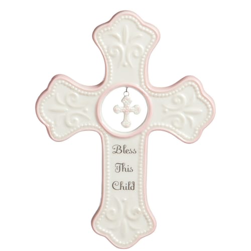 Girl's Fleur de Lis Pink Hanging Cross - 7&quot;